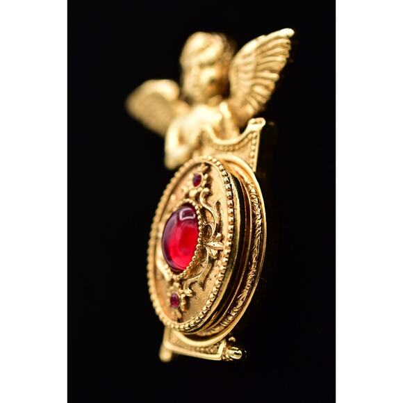Vatican Library Vintage Angel Cherub Locket Pin Brooch Red Cabochon Signed BinBI - Picture 3 of 12